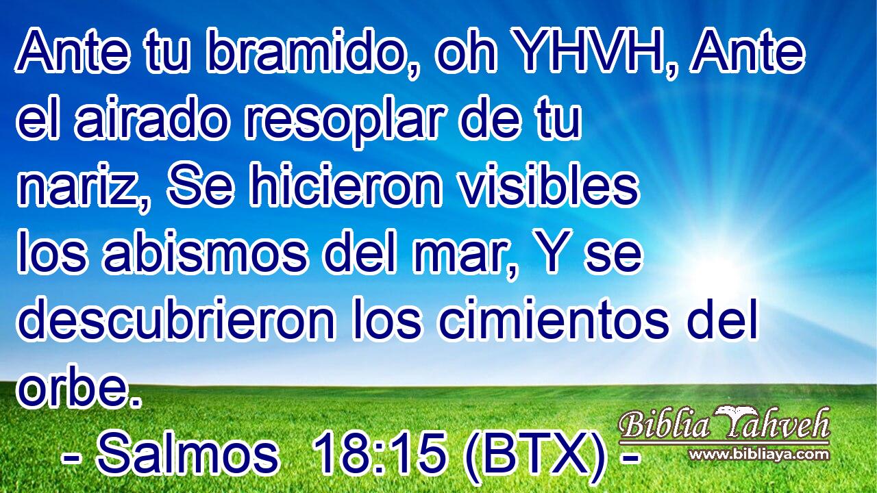 Ante tu bramido, oh YHVH, Ante el airado resoplar de tu nariz, Se hicieron visibles los abismos del mar, Y se descubrieron los cimientos del orbe.