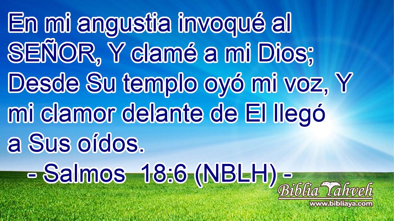  En mi angustia invoqué al SEÑOR, Y clamé a mi Dios; Desde Su templo oyó mi voz, Y mi clamor delante de El llegó a Sus oídos. 