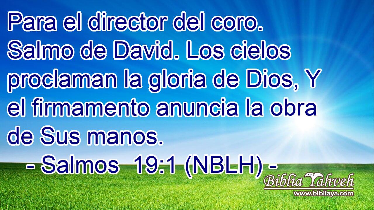  Para el director del coro. Salmo de David. Los cielos proclaman la gloria de Dios, Y el firmamento anuncia la obra de Sus manos. 