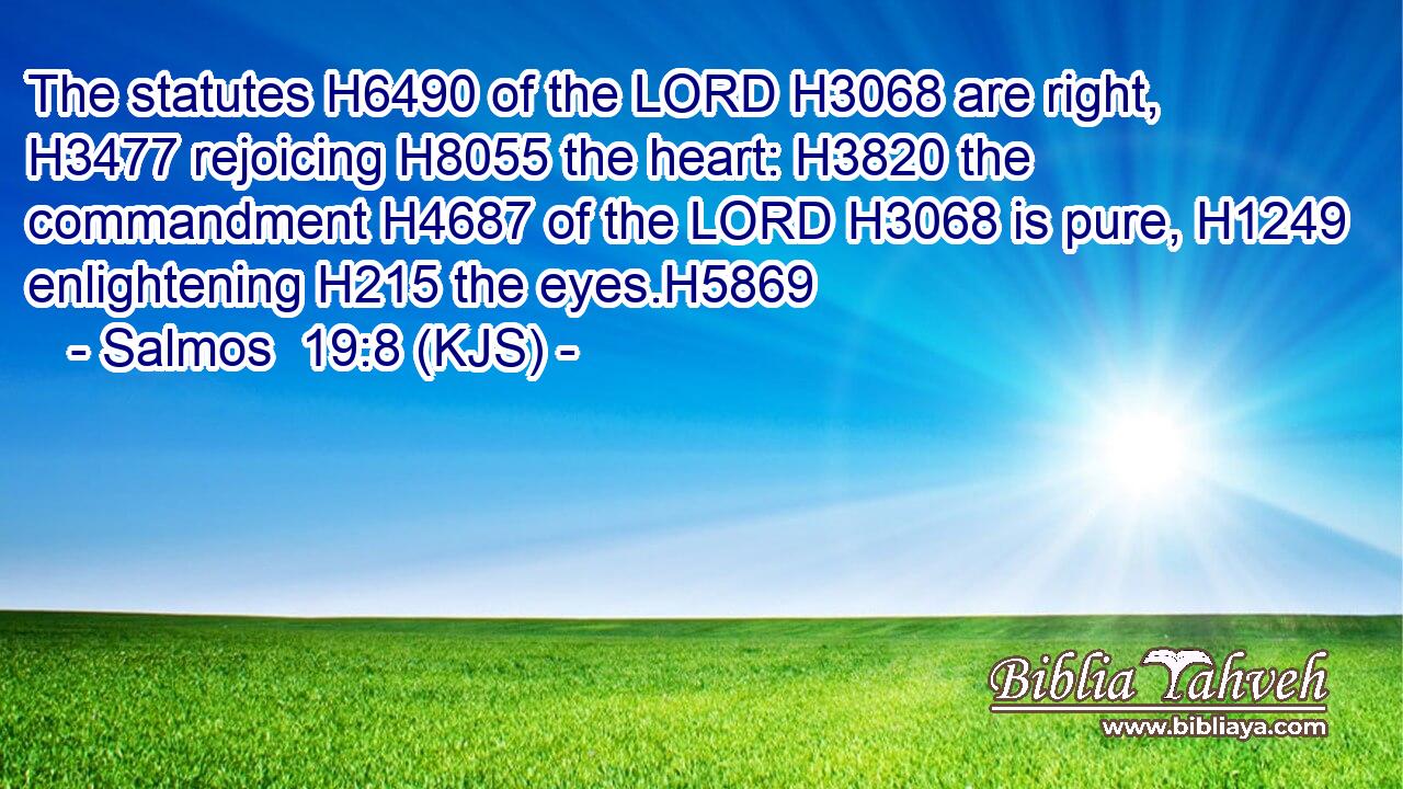 The statutes H6490 of the LORD H3068 are right, H3477 rejoicing H8055 the heart: H3820 the commandment H4687 of the LORD H3068 is pure, H1249 enlightening H215 the eyes.H5869