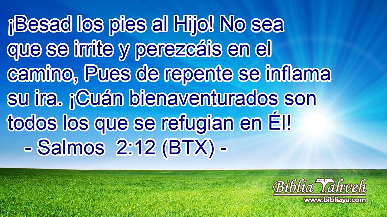 ¡Besad los pies al Hijo! No sea que se irrite y perezcáis en el camino, Pues de repente se inflama su ira. ¡Cuán bienaventurados son todos los que se refugian en Él!