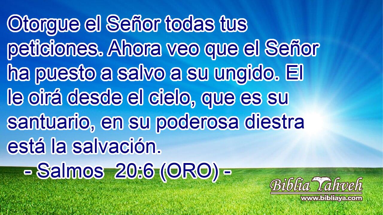  Otorgue el Señor todas tus peticiones. Ahora veo que el Señor ha puesto a salvo a su ungido. El le oirá desde el cielo, que es su santuario, en su poderosa diestra está la salvación. 