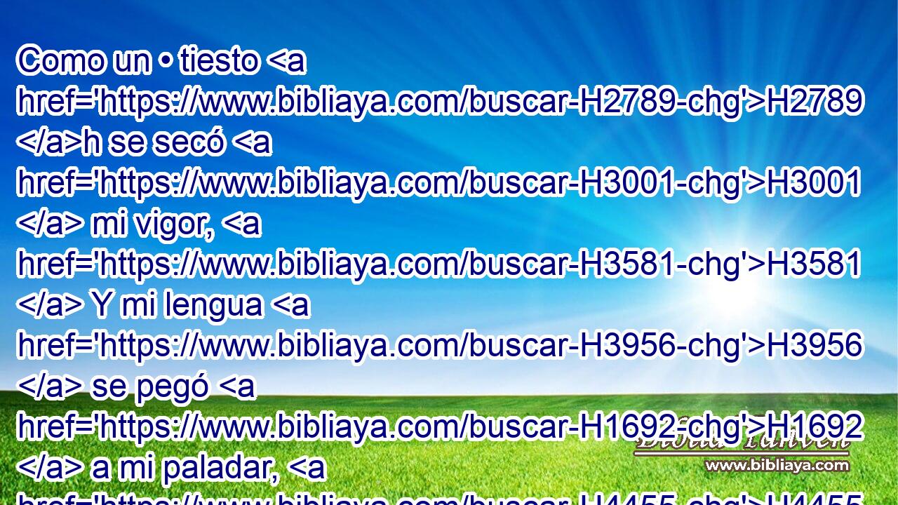 Como un • tiesto H2789 h se secó H3001  mi vigor, H3581  Y mi lengua H3956  se pegó H1692  a mi paladar, H4455  Y me has puesto H8239  en el polvo H6083  de la muerte. H4194  