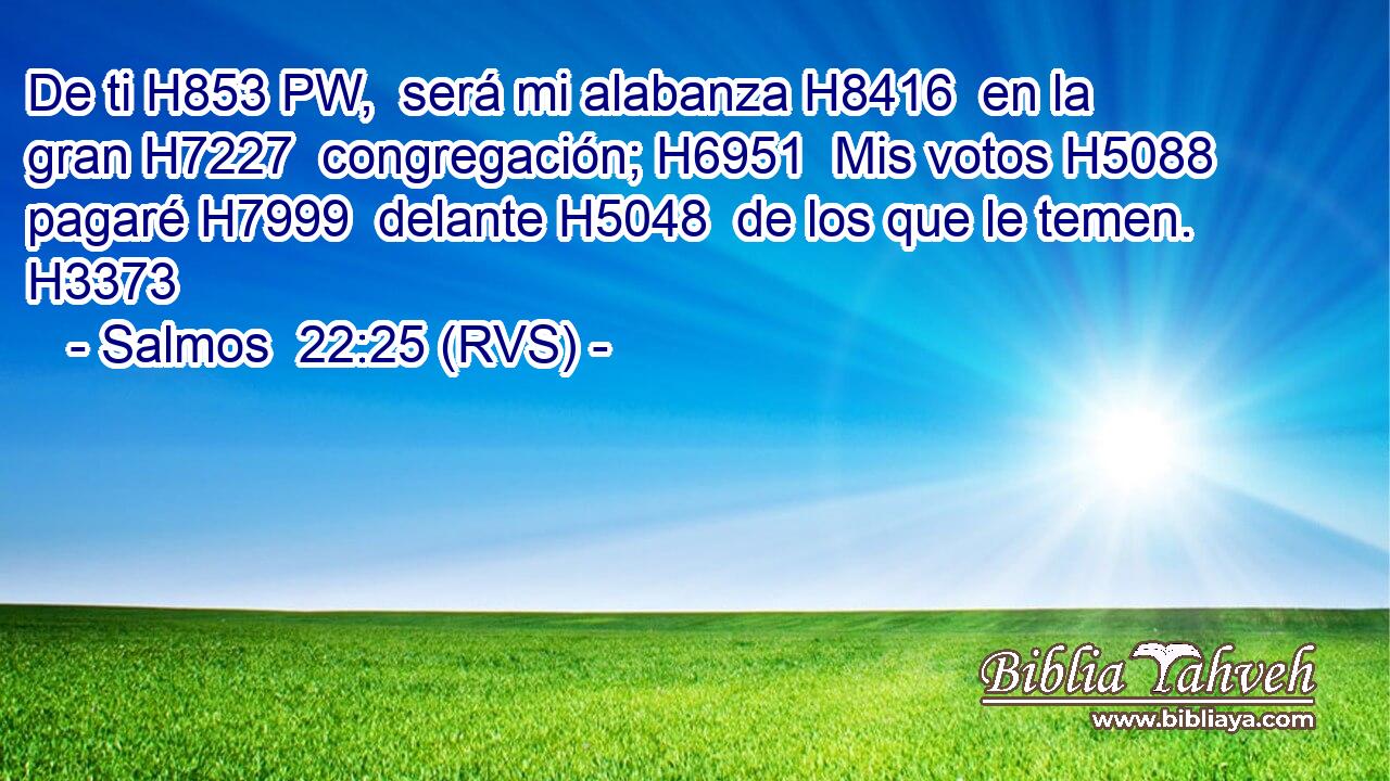 De ti H853 PW,  será mi alabanza H8416  en la gran H7227  congregación; H6951  Mis votos H5088  pagaré H7999  delante H5048  de los que le temen. H3373  