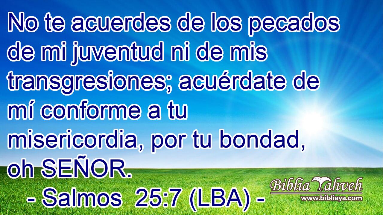 No te acuerdes de los pecados de mi juventud ni de mis transgresiones; acuérdate de mí conforme a tu misericordia, por tu bondad, oh SEÑOR.