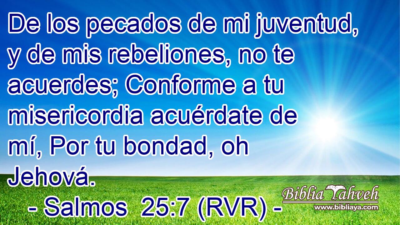 De los pecados de mi juventud, y de mis rebeliones, no te acuerdes; Conforme a tu misericordia acuérdate de mí, Por tu bondad, oh Jehová.