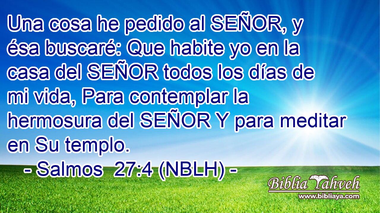  Una cosa he pedido al SEÑOR, y ésa buscaré: Que habite yo en la casa del SEÑOR todos los días de mi vida, Para contemplar la hermosura del SEÑOR Y para meditar en Su templo. 