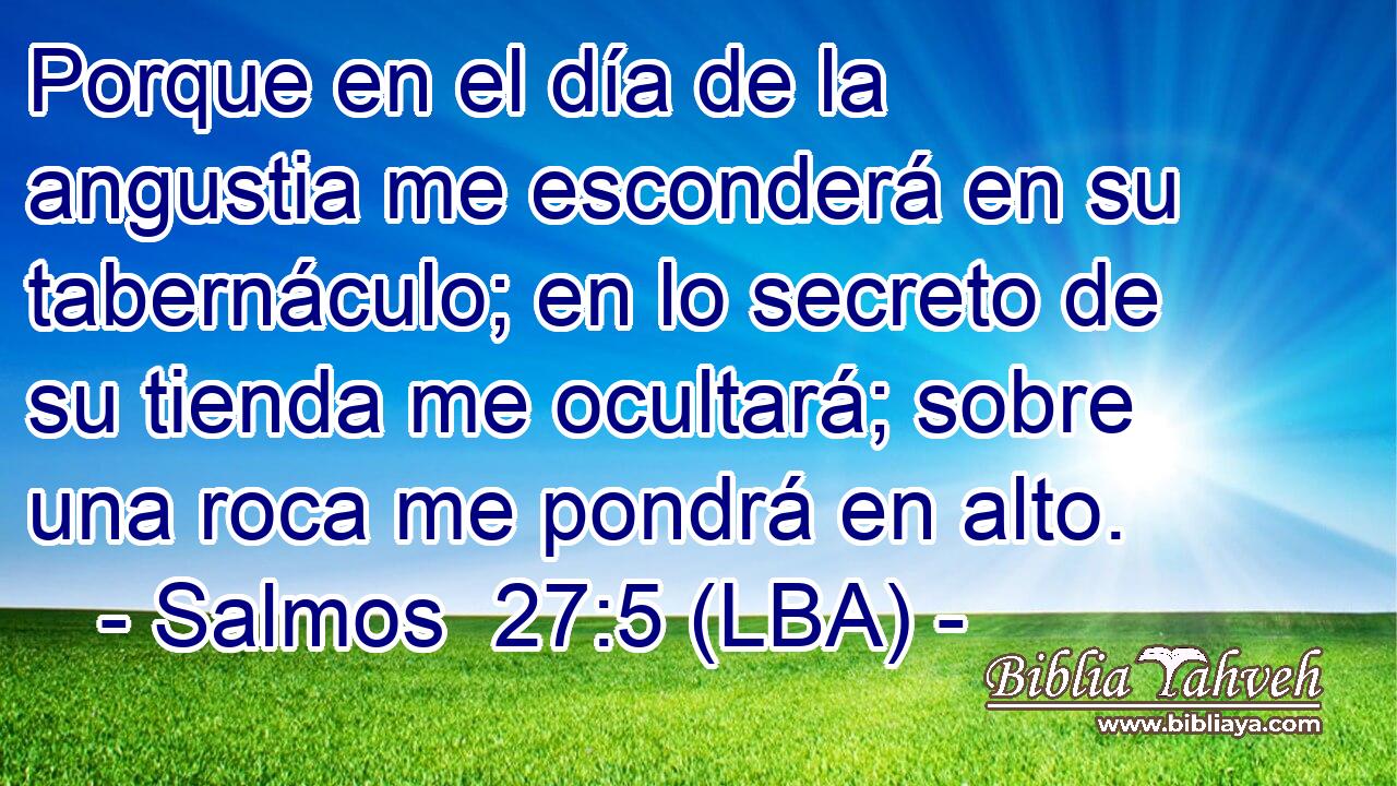 Porque en el día de la angustia me esconderá en su tabernáculo; en lo secreto de su tienda me ocultará; sobre una roca me pondrá en alto.