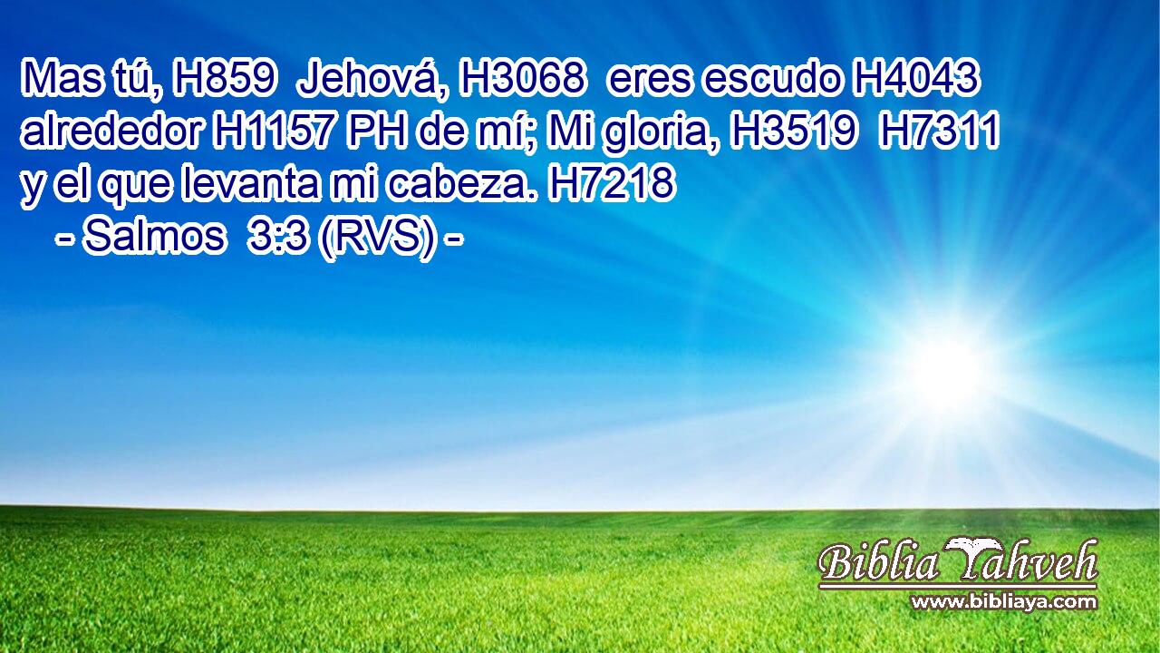 Mas tú, H859  Jehová, H3068  eres escudo H4043  alrededor H1157 PH de mí; Mi gloria, H3519  H7311 y el que levanta mi cabeza. H7218  