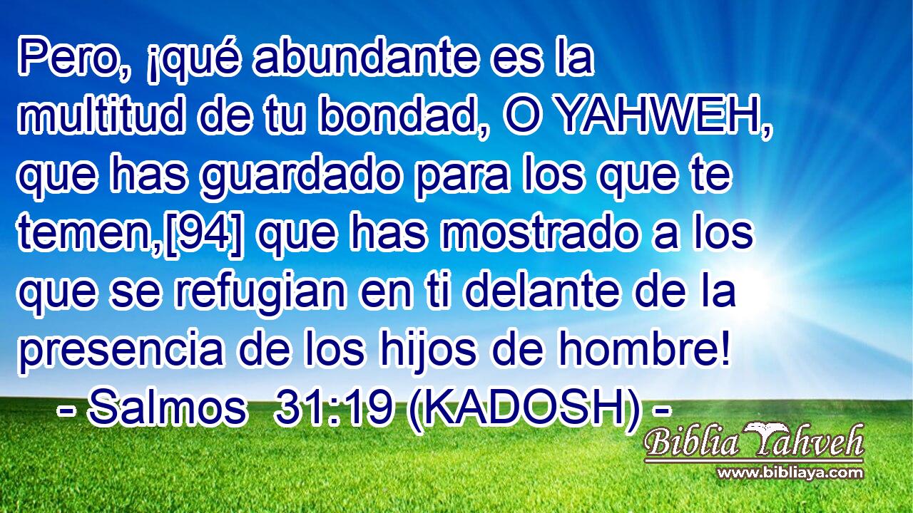  Pero, ¡qué abundante es la multitud de tu bondad, O YAHWEH, que has guardado para los que te temen,[94] que has mostrado a los que se refugian en ti delante de la presencia de los hijos de hombre! 
