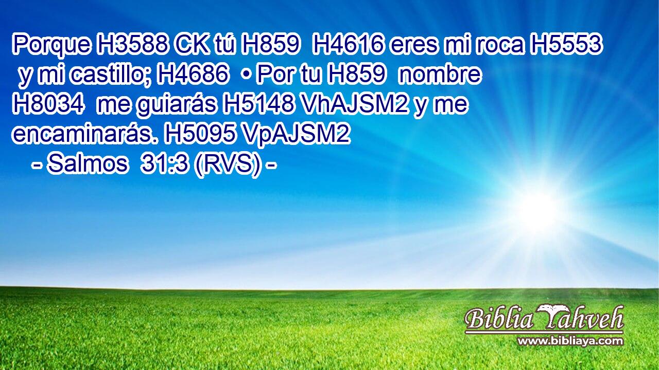 Porque H3588 CK tú H859  H4616 eres mi roca H5553  y mi castillo; H4686  • Por tu H859  nombre H8034  me guiarás H5148 VhAJSM2 y me encaminarás. H5095 VpAJSM2 