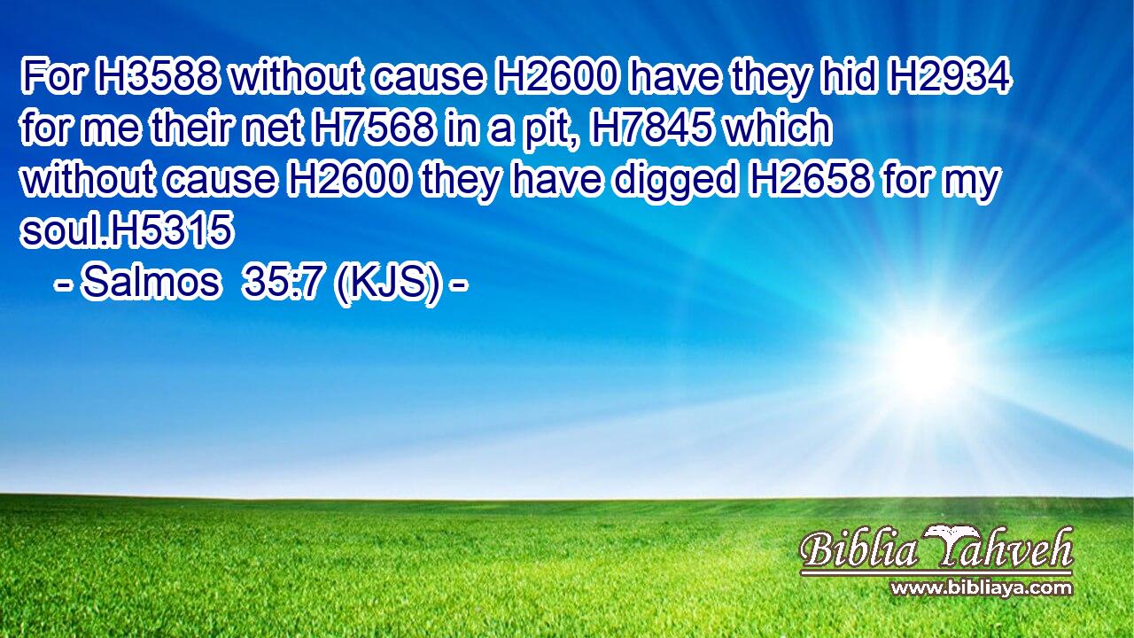 For H3588 without cause H2600 have they hid H2934 for me their net H7568 in a pit, H7845 which without cause H2600 they have digged H2658 for my soul.H5315