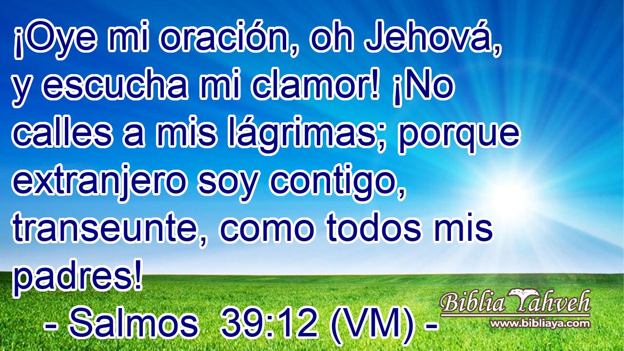  ¡Oye mi oración, oh Jehová, y escucha mi clamor! ¡No calles a mis lágrimas; porque extranjero soy contigo, transeunte, como todos mis padres! 
