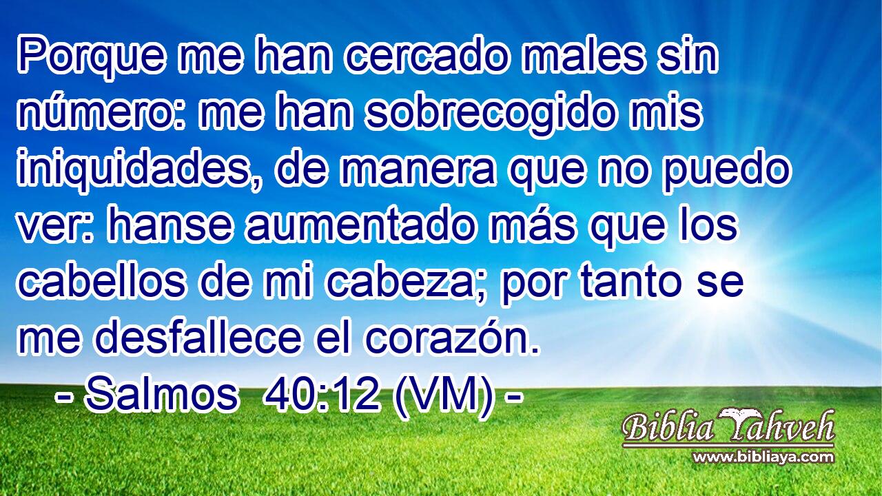  Porque me han cercado males sin número: me han sobrecogido mis iniquidades, de manera que no puedo ver: hanse aumentado más que los cabellos de mi cabeza; por tanto se me desfallece el corazón. 