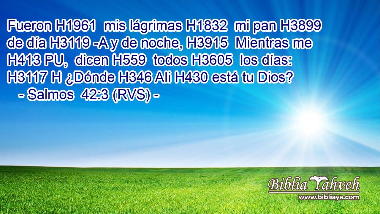 Fueron H1961  mis lágrimas H1832  mi pan H3899  de día H3119 -A y de noche, H3915  Mientras me H413 PU,  dicen H559  todos H3605  los días: H3117 H ¿Dónde H346 AIi H430 está tu Dios? 
