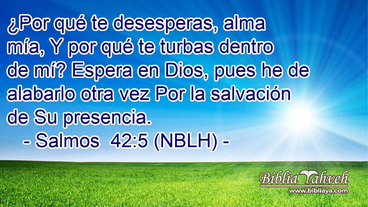  ¿Por qué te desesperas, alma mía, Y por qué te turbas dentro de mí? Espera en Dios, pues he de alabarlo otra vez Por la salvación de Su presencia. 