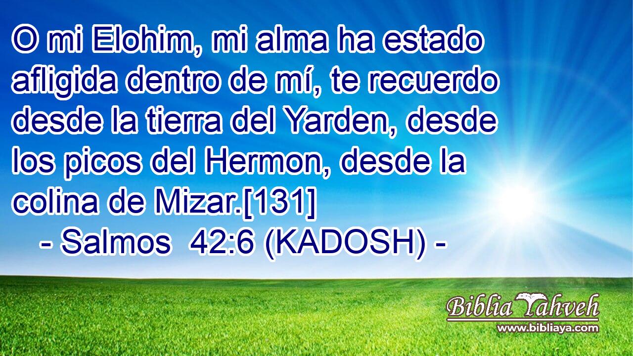  O mi Elohim, mi alma ha estado afligida dentro de mí, te recuerdo desde la tierra del Yarden, desde los picos del Hermon, desde la colina de Mizar.[131] 