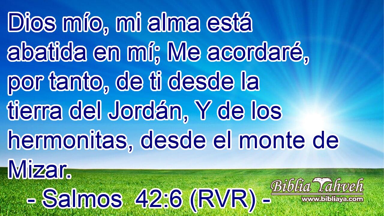 Dios mío, mi alma está abatida en mí; Me acordaré, por tanto, de ti desde la tierra del Jordán, Y de los hermonitas, desde el monte de Mizar.