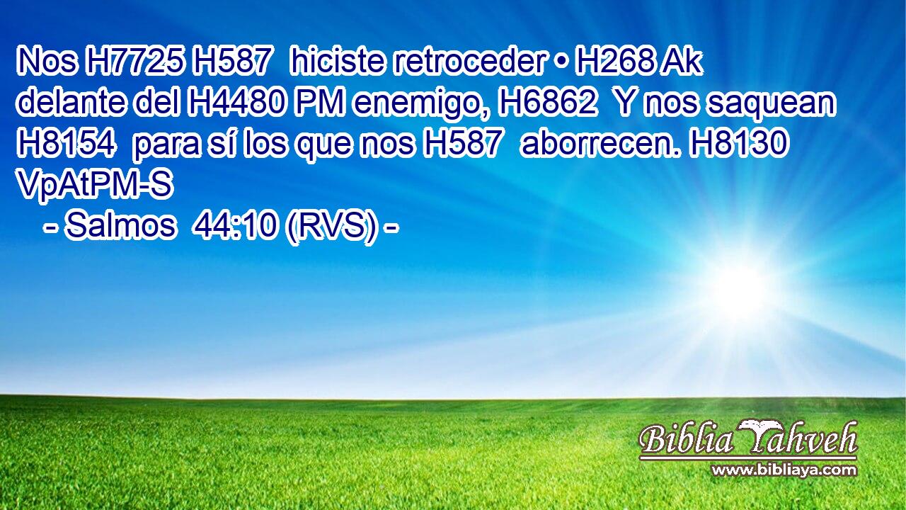 Nos H7725 H587  hiciste retroceder • H268 Ak delante del H4480 PM enemigo, H6862  Y nos saquean H8154  para sí los que nos H587  aborrecen. H8130 VpAtPM-S 