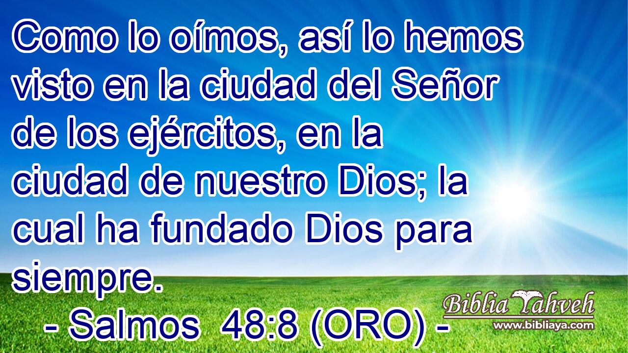  Como lo oímos, así lo hemos visto en la ciudad del Señor de los ejércitos, en la ciudad de nuestro Dios; la cual ha fundado Dios para siempre. 