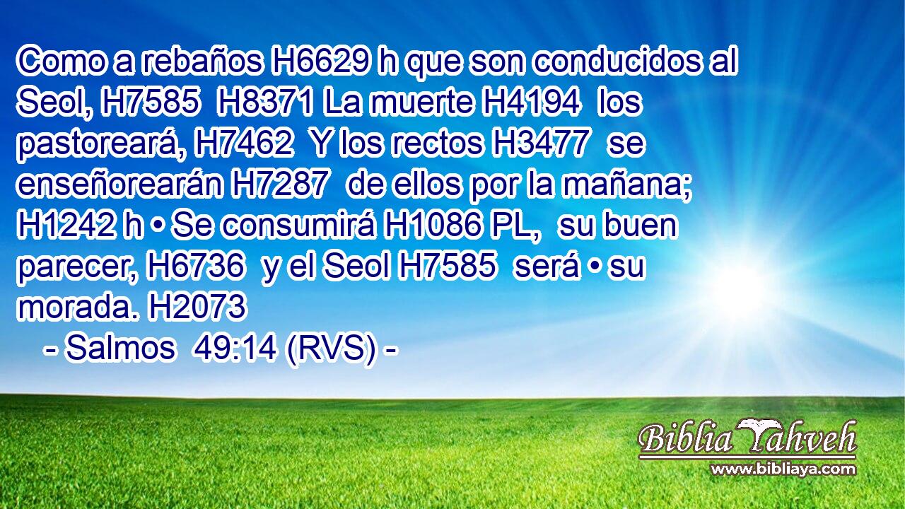 Como a rebaños H6629 h que son conducidos al Seol, H7585  H8371 La muerte H4194  los pastoreará, H7462  Y los rectos H3477  se enseñorearán H7287  de ellos por la mañana; H1242 h • Se consumirá H1086 PL,  su buen parecer, H6736  y el Seol H7585  será • su morada. H2073  