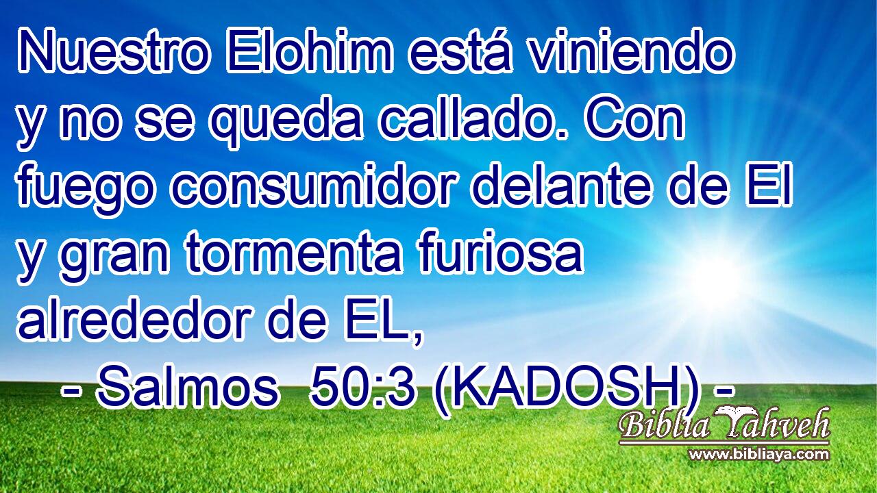  Nuestro Elohim está viniendo y no se queda callado. Con fuego consumidor delante de El y gran tormenta furiosa alrededor de EL, 