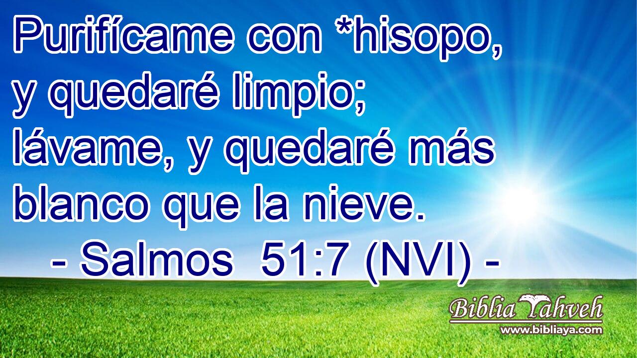  Purifícame con *hisopo, y quedaré limpio; lávame, y quedaré más blanco que la nieve. 