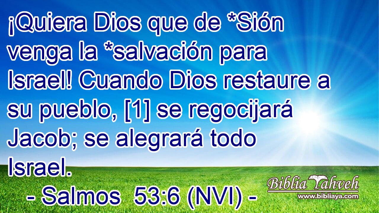  ¡Quiera Dios que de *Sión venga la *salvación para Israel! Cuando Dios restaure a su pueblo, [1] se regocijará Jacob; se alegrará todo Israel. 