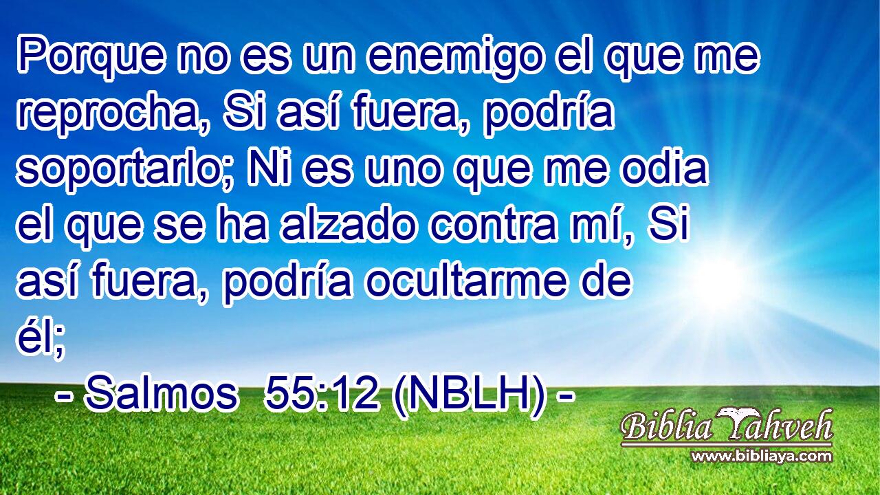  Porque no es un enemigo el que me reprocha, Si así fuera, podría soportarlo; Ni es uno que me odia el que se ha alzado contra mí, Si así fuera, podría ocultarme de él; 