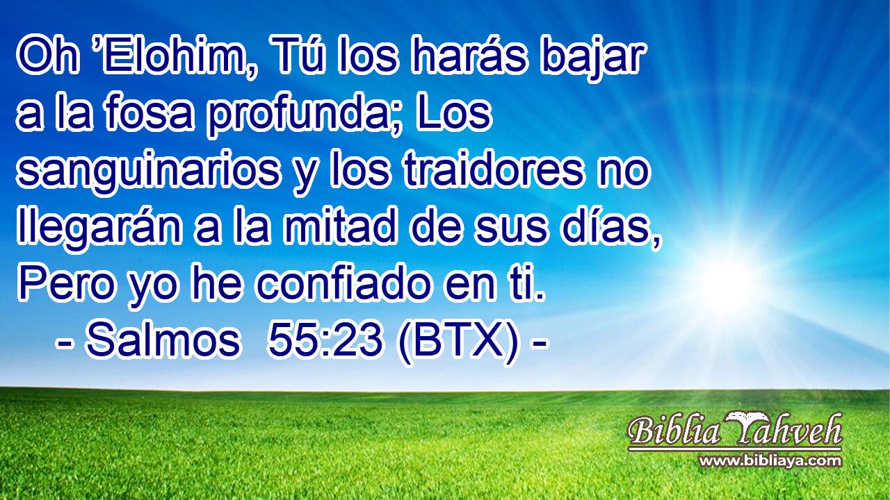 Oh ’Elohim, Tú los harás bajar a la fosa profunda; Los sanguinarios y los traidores no llegarán a la mitad de sus días, Pero yo he confiado en ti.