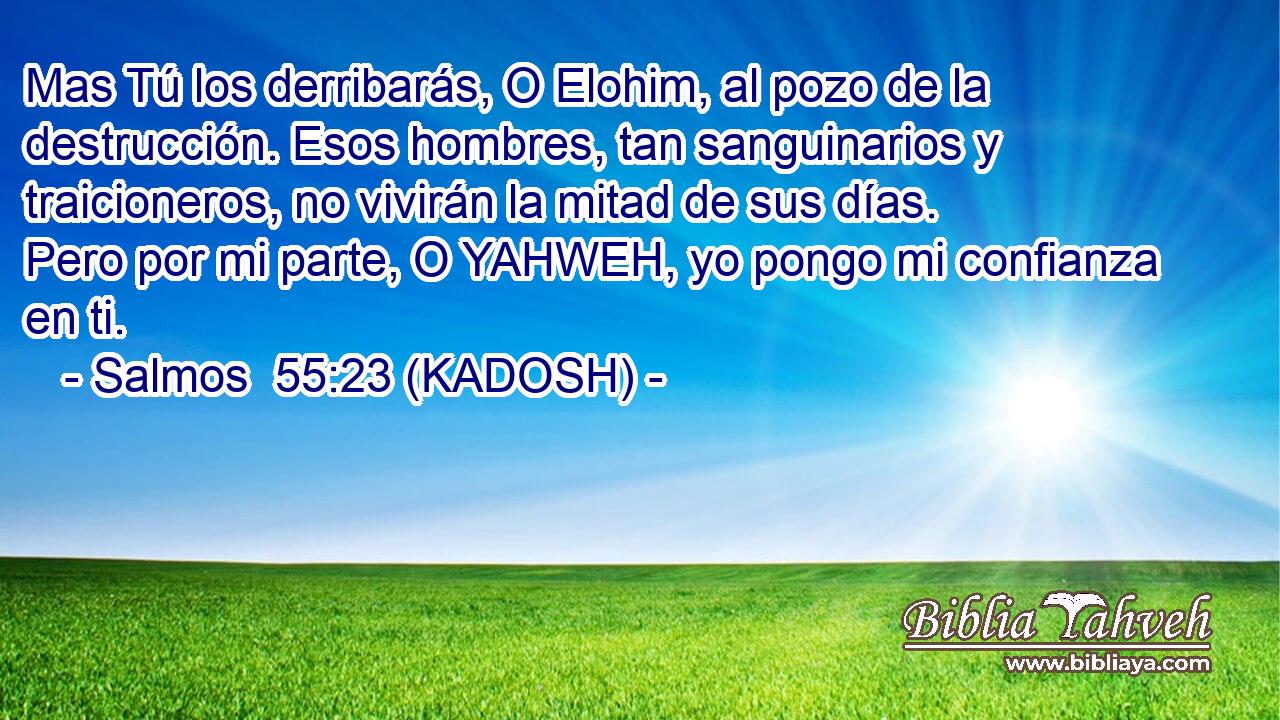  Mas Tú los derribarás, O Elohim, al pozo de la destrucción. Esos hombres, tan sanguinarios y traicioneros, no vivirán la mitad de sus días. Pero por mi parte, O YAHWEH, yo pongo mi confianza en ti. 