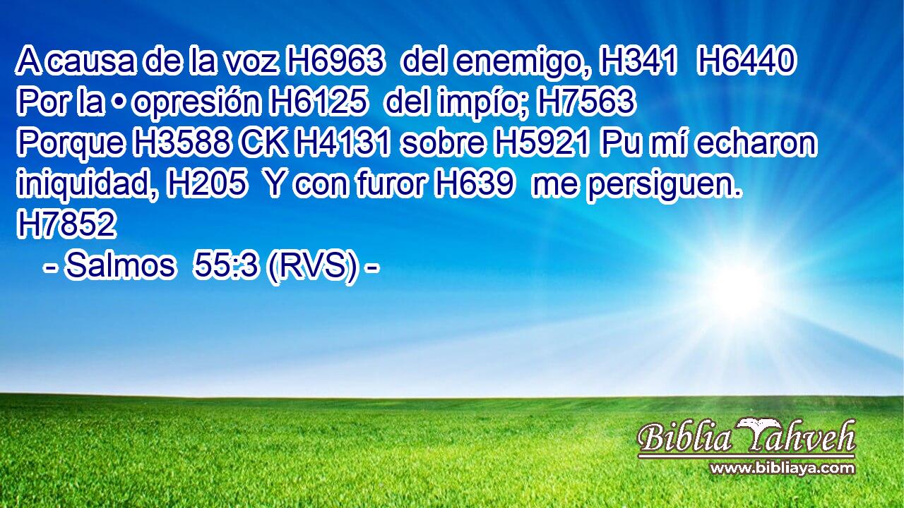 A causa de la voz H6963  del enemigo, H341  H6440 Por la • opresión H6125  del impío; H7563  Porque H3588 CK H4131 sobre H5921 Pu mí echaron iniquidad, H205  Y con furor H639  me persiguen. H7852  