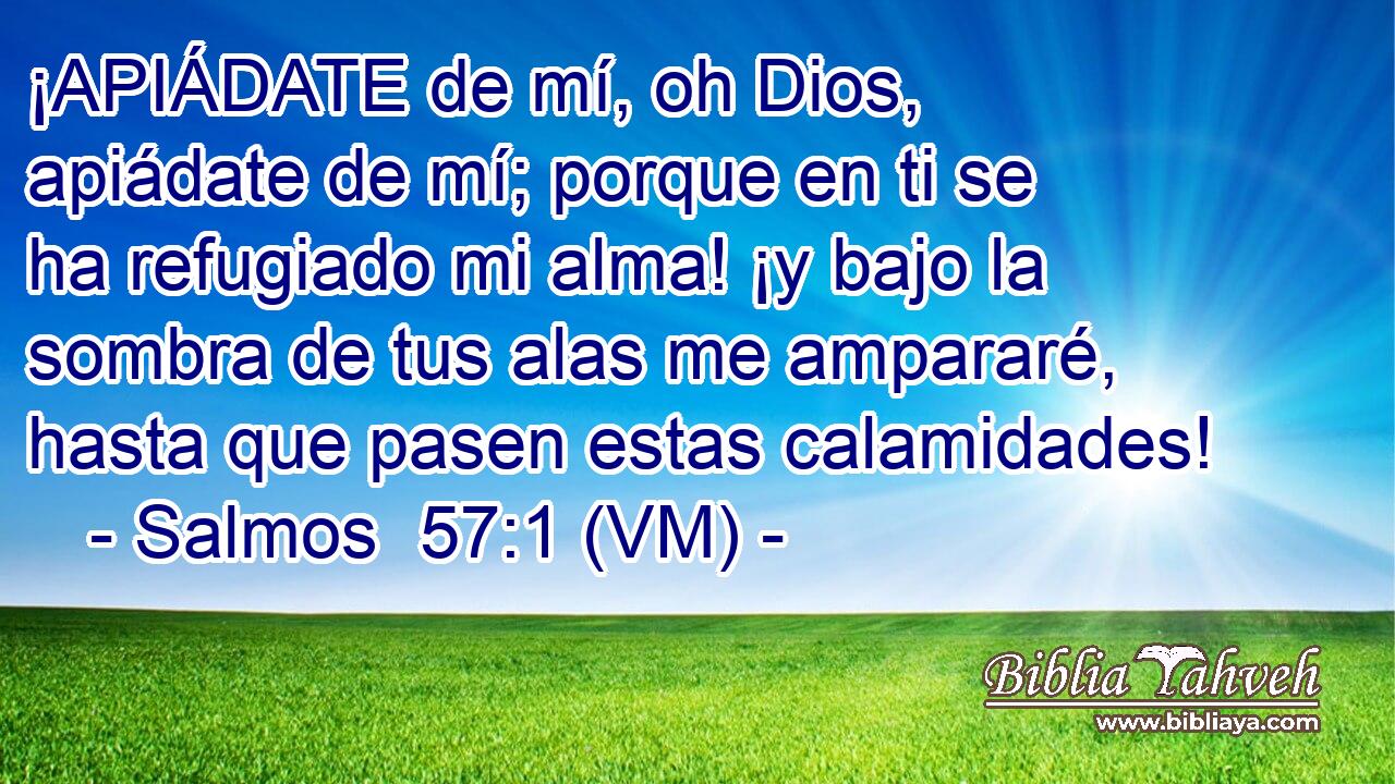  ¡APIÁDATE de mí, oh Dios, apiádate de mí; porque en ti se ha refugiado mi alma! ¡y bajo la sombra de tus alas me ampararé, hasta que pasen estas calamidades! 