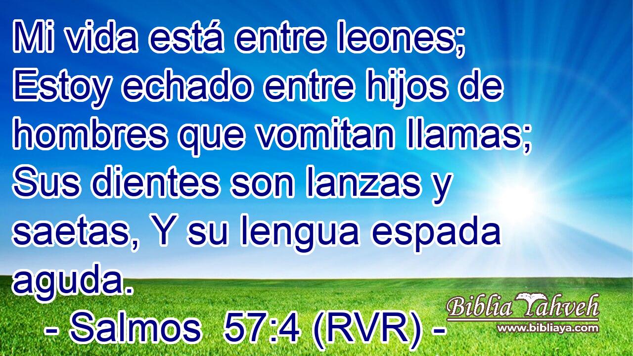 Mi vida está entre leones; Estoy echado entre hijos de hombres que vomitan llamas; Sus dientes son lanzas y saetas, Y su lengua espada aguda.