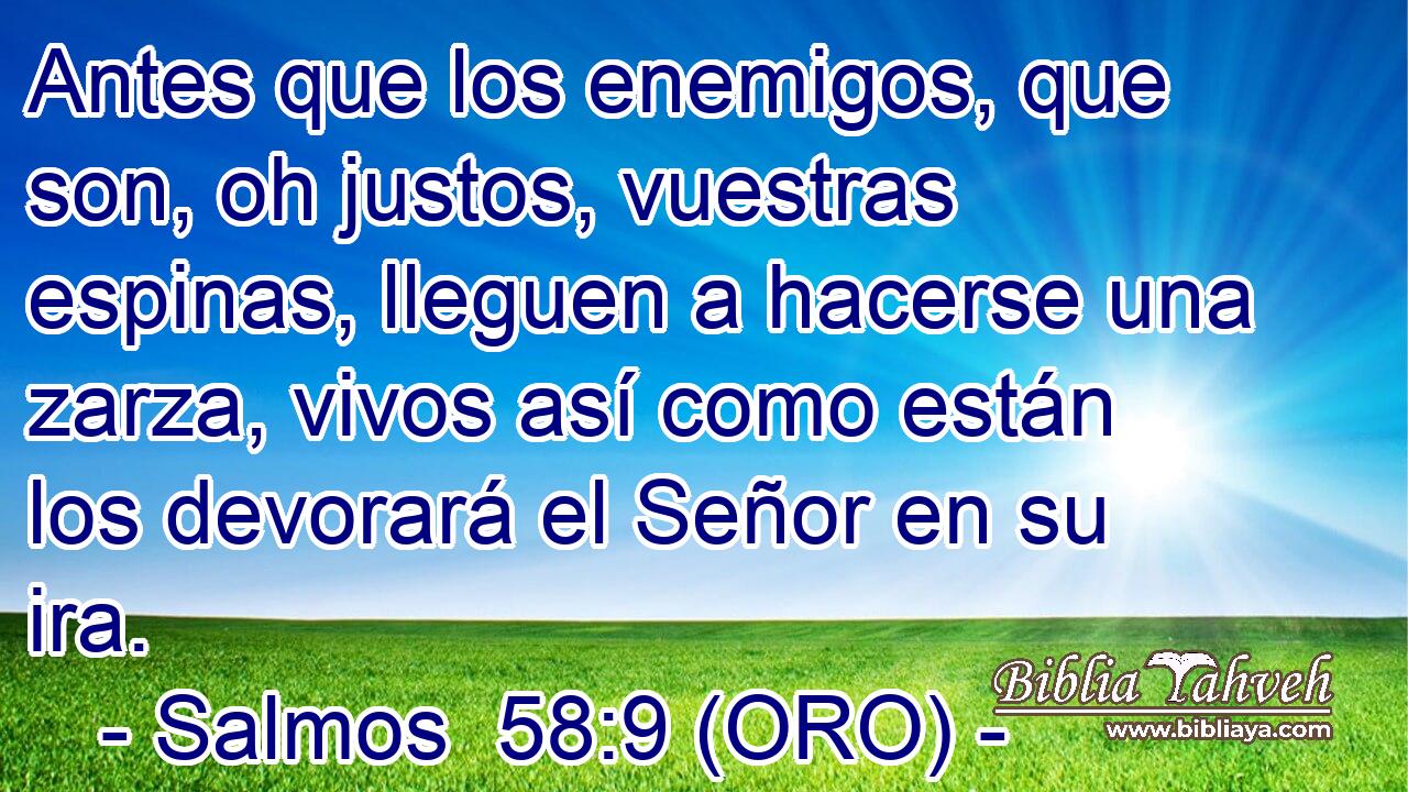  Antes que los enemigos, que son, oh justos, vuestras espinas, lleguen a hacerse una zarza, vivos así como están los devorará el Señor en su ira. 