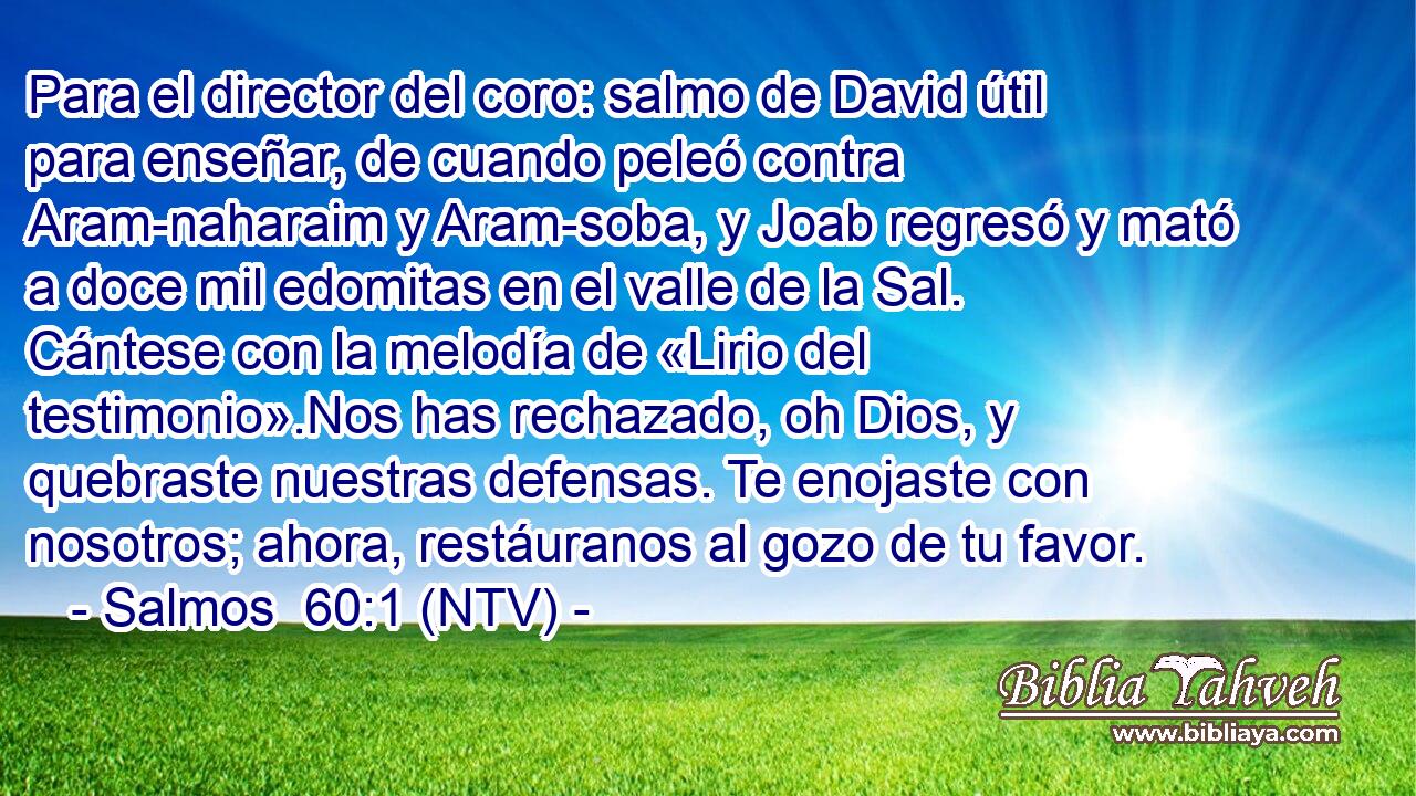 Para el director del coro: salmo de David útil para enseñar, de cuando peleó contra Aram-naharaim y Aram-soba, y Joab regresó y mató a doce mil edomitas en el valle de la Sal. Cántese con la melodía de «Lirio del testimonio».Nos has rechazado, oh Dios, y quebraste nuestras defensas. Te enojaste con nosotros; ahora, restáuranos al gozo de tu favor.