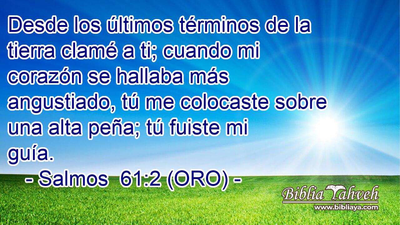  Desde los últimos términos de la tierra clamé a ti; cuando mi corazón se hallaba más angustiado, tú me colocaste sobre una alta peña; tú fuiste mi guía. 