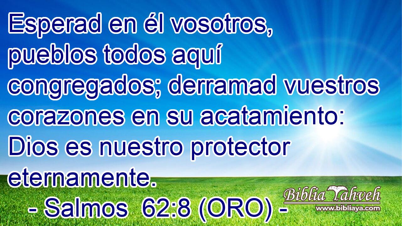  Esperad en él vosotros, pueblos todos aquí congregados; derramad vuestros corazones en su acatamiento: Dios es nuestro protector eternamente. 