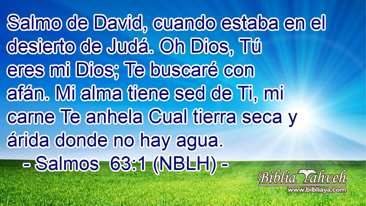  Salmo de David, cuando estaba en el desierto de Judá. Oh Dios, Tú eres mi Dios; Te buscaré con afán. Mi alma tiene sed de Ti, mi carne Te anhela Cual tierra seca y árida donde no hay agua. 