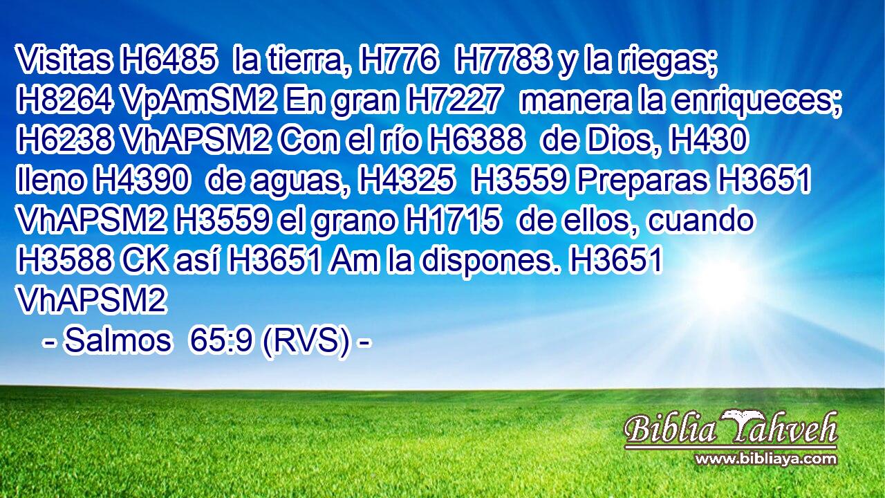 Visitas H6485  la tierra, H776  H7783 y la riegas; H8264 VpAmSM2 En gran H7227  manera la enriqueces; H6238 VhAPSM2 Con el río H6388  de Dios, H430  lleno H4390  de aguas, H4325  H3559 Preparas H3651 VhAPSM2 H3559 el grano H1715  de ellos, cuando H3588 CK así H3651 Am la dispones. H3651 VhAPSM2 