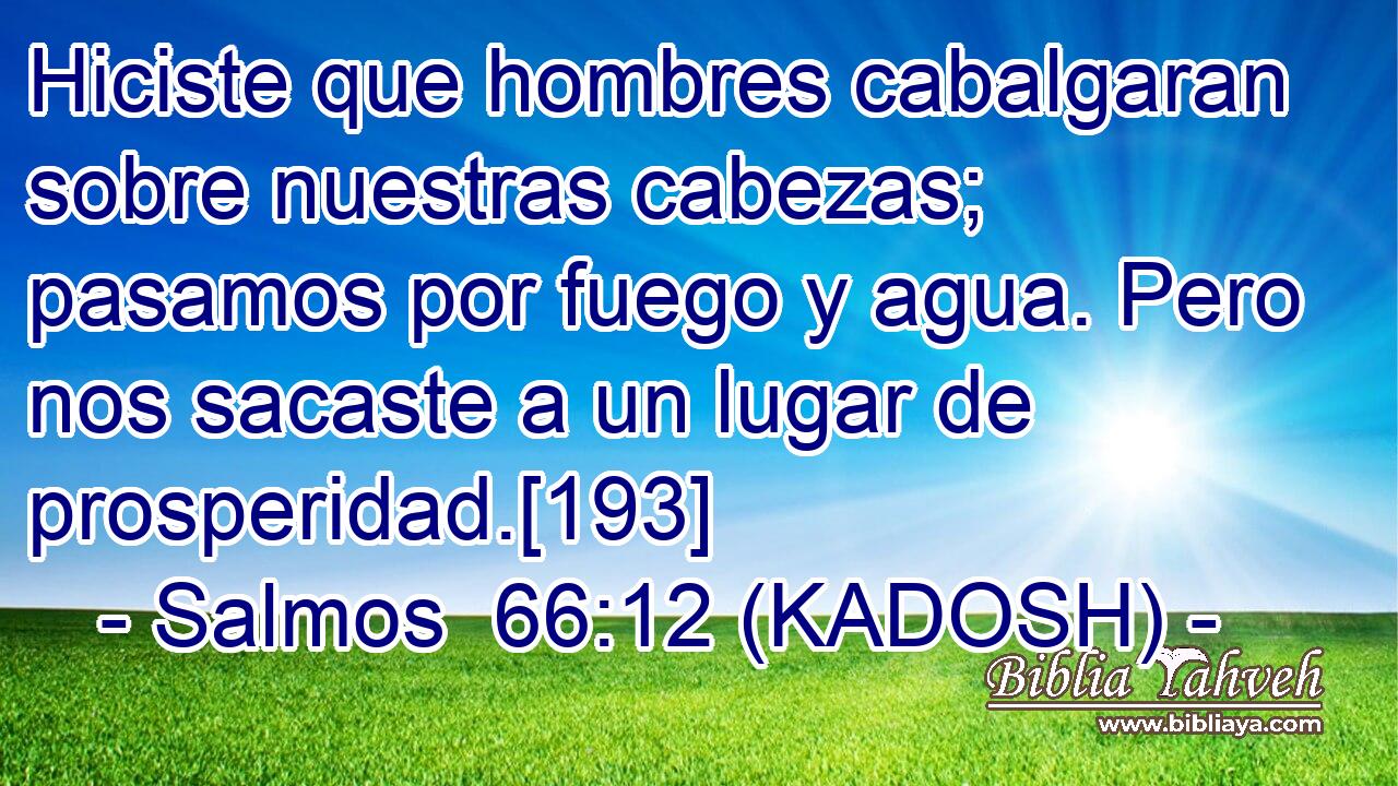  Hiciste que hombres cabalgaran sobre nuestras cabezas; pasamos por fuego y agua. Pero nos sacaste a un lugar de prosperidad.[193] 