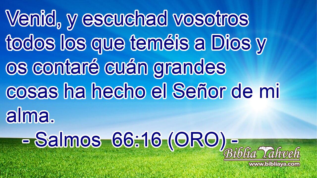  Venid, y escuchad vosotros todos los que teméis a Dios y os contaré cuán grandes cosas ha hecho el Señor de mi alma. 