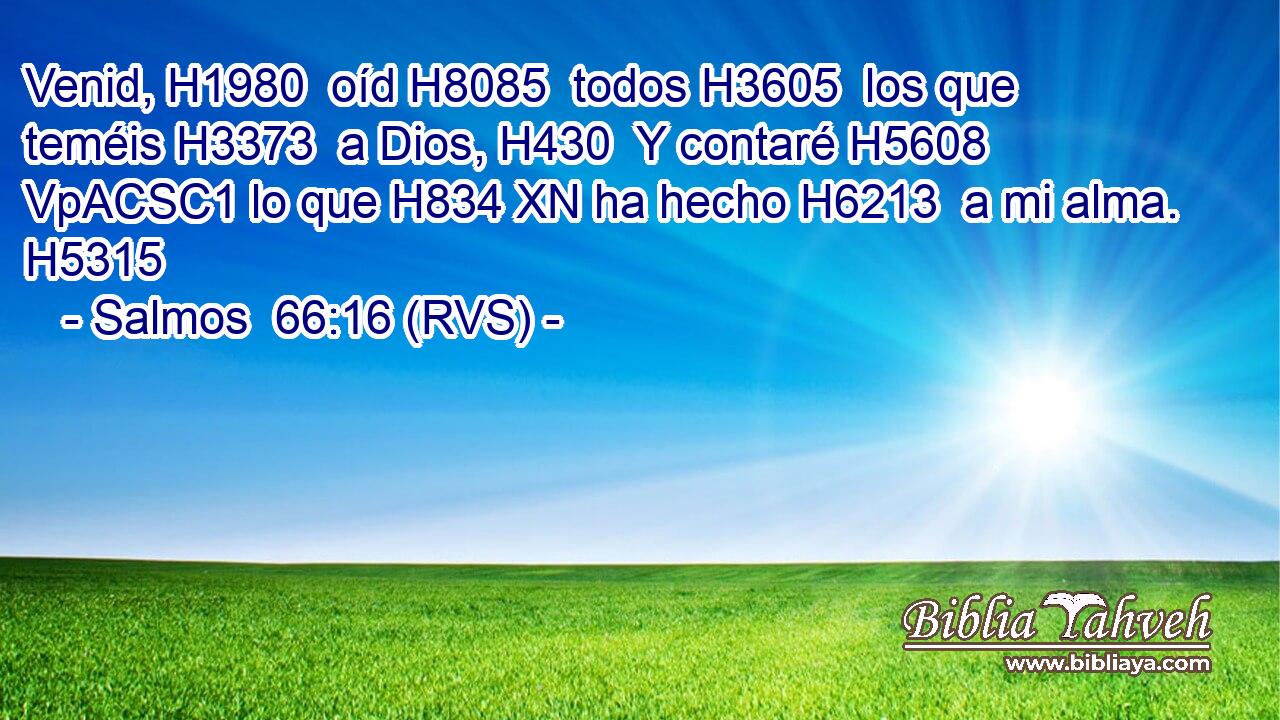 Venid, H1980  oíd H8085  todos H3605  los que teméis H3373  a Dios, H430  Y contaré H5608 VpACSC1 lo que H834 XN ha hecho H6213  a mi alma. H5315  