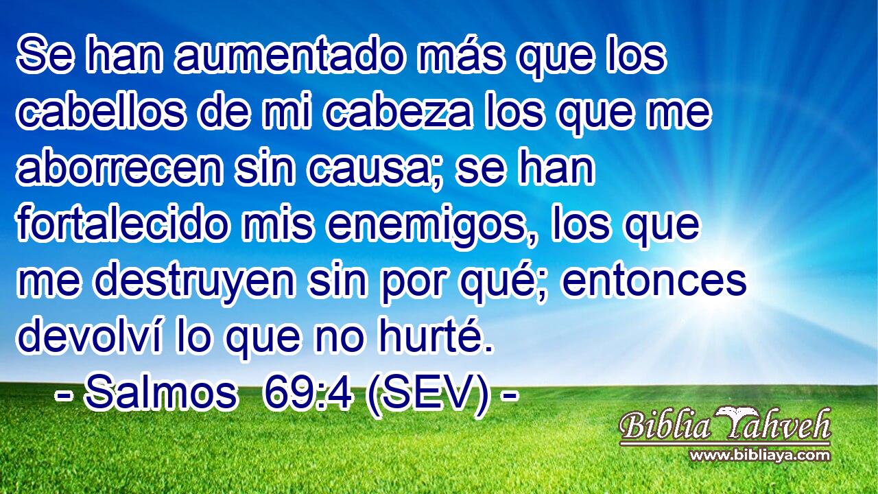 Se han aumentado más que los cabellos de mi cabeza los que me aborrecen sin causa; se han fortalecido mis enemigos, los que me destruyen sin por qué; entonces devolví lo que no hurté.