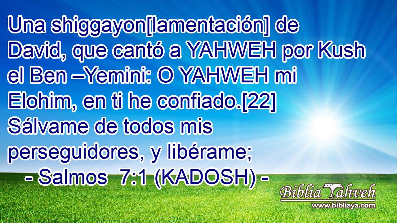  Una shiggayon[lamentación] de David, que cantó a YAHWEH por Kush el Ben –Yemini: O YAHWEH mi Elohim, en ti he confiado.[22] Sálvame de todos mis perseguidores, y libérame; 