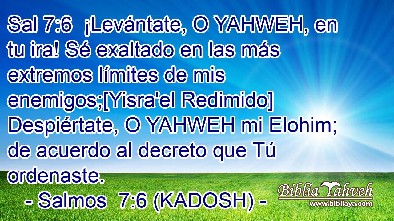  ¡Levántate, O YAHWEH, en tu ira! Sé exaltado en las más extremos límites de mis enemigos;[Yisra'el Redimido] Despiértate, O YAHWEH mi Elohim; de acuerdo al decreto que Tú ordenaste. 