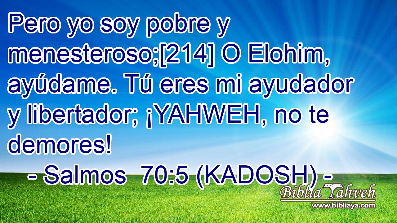  Pero yo soy pobre y menesteroso;[214] O Elohim, ayúdame. Tú eres mi ayudador y libertador; ¡YAHWEH, no te demores! 