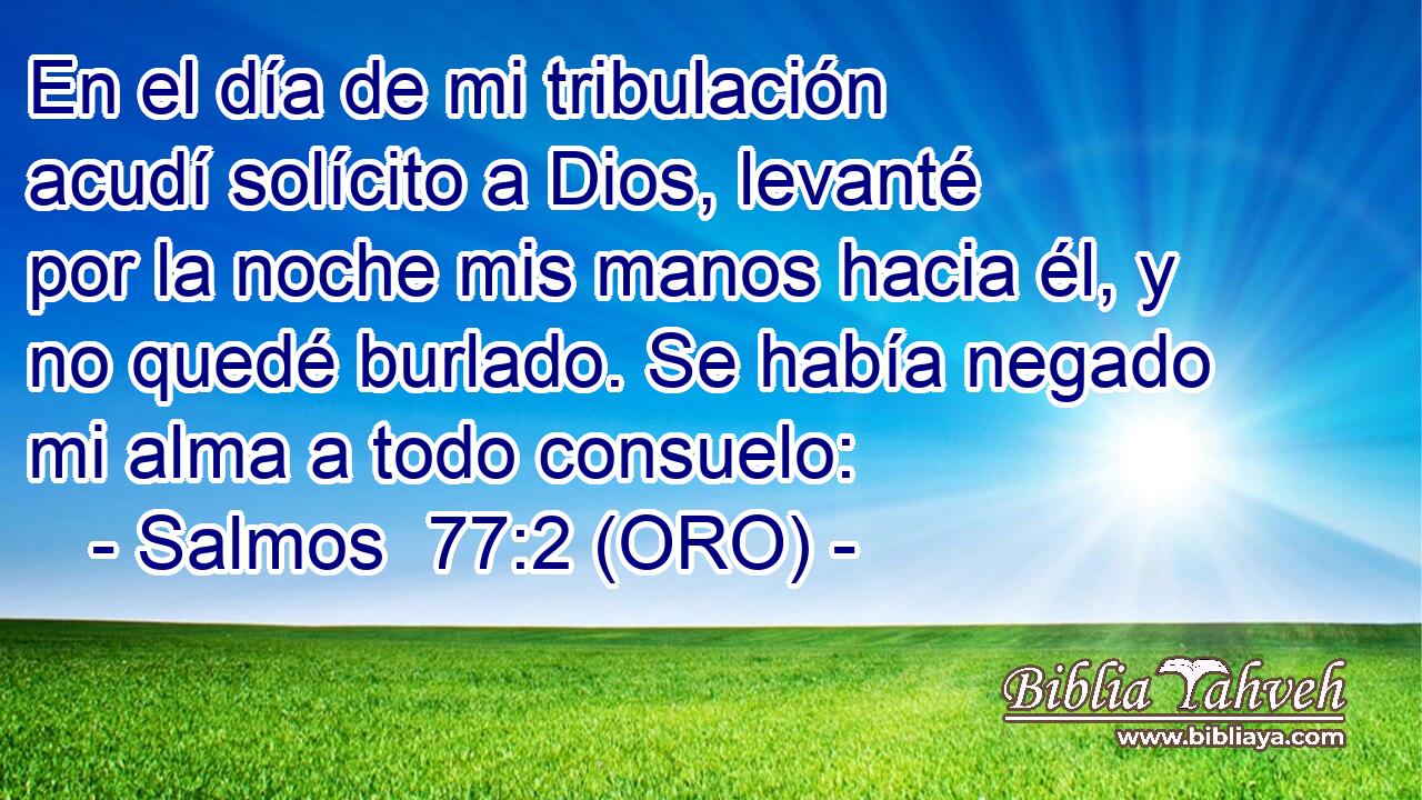  En el día de mi tribulación acudí solícito a Dios, levanté por la noche mis manos hacia él, y no quedé burlado. Se había negado mi alma a todo consuelo: 