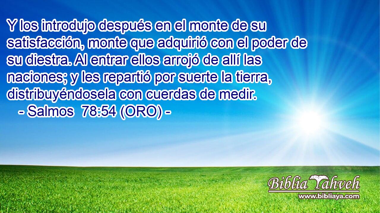  Y los introdujo después en el monte de su satisfacción, monte que adquirió con el poder de su diestra. Al entrar ellos arrojó de allí las naciones; y les repartió por suerte la tierra, distribuyéndosela con cuerdas de medir. 