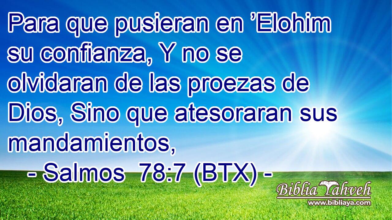 Para que pusieran en ’Elohim su confianza, Y no se olvidaran de las proezas de Dios, Sino que atesoraran sus mandamientos,